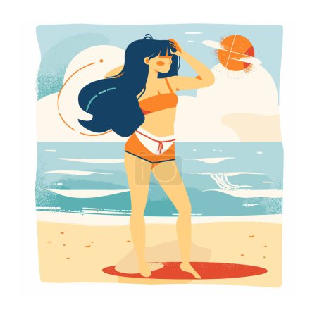 Junge Frau am Strand beobachtet Horizont Hand abschirmende Augen Sonne, Sommerurlaub Strand Lifestyle Frau Bikini. Blaues welliges Haar Dame scannt Meereswellen sonnigen Tag, Entspannung