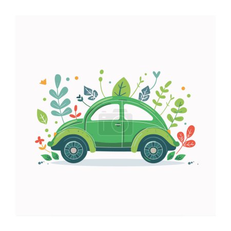 Ilustración de Verde vintage coche rodeado de plantas estilizadas hojas que sugieren tema ecológico. Diseño plano ilustración coche verde, elementos de la naturaleza, mariposa que representa el concepto ambiental. Arte gráfico - Imagen libre de derechos