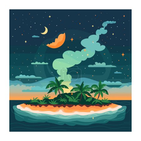 Tropische Insel Nacht Vektor Illustration, Mond Sterne über dem Ozean. Ruhige Szenerie, Palmen, Sandstrand, dunkler Nachthimmel, Mondsichel, funkelnde Sterne, Wolken, friedliche Atmosphäre. Karikatur