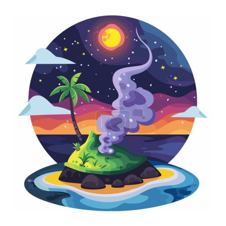 Nacht Vulkanausbruch, leuchtende Farben Himmel, Mond, Sterne. Tropische Vulkanlandschaft, Rauchfahne, Palme, Meereswellen. Isolierter weißer Hintergrund malerische Naturlandschaft, rundes Format