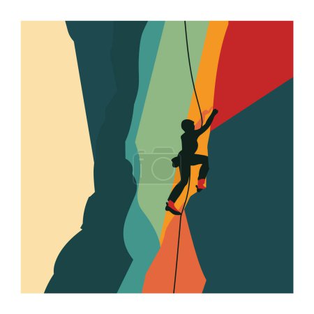 Silhouetted rock climber scaling vertical cliff. Brightly colored geometric shapes form background. Adventure, challenge, climbing, athleticism highlighted design