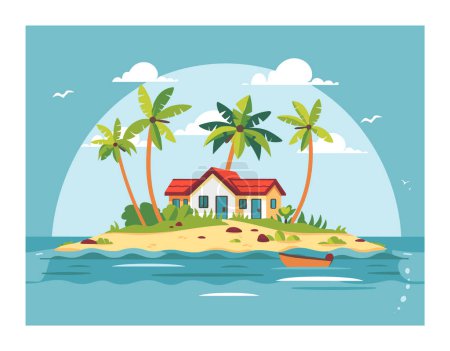 Tropical island paradise palm trees, sandy beach, small house. Blue ocean surrounds serene island under clear sky. Cartoon illustration vacation spot single boat floating nearby
