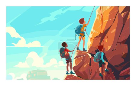 Three climbers scaling mountain cliff, one reaching grip up high. Harnesses, ropes, safety gear climber, teamwork rocky terrain. Blue sky, clouds, adventure, outdoor rock climbing, active lifestyle