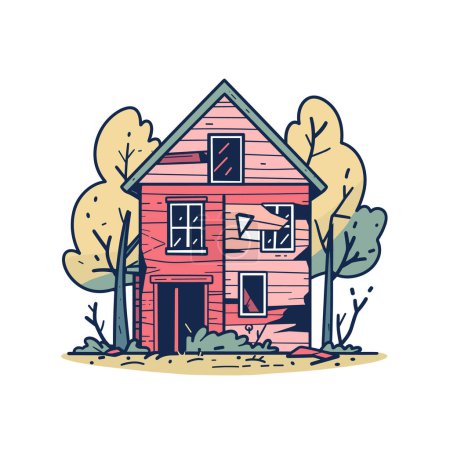 Illustration maison rose de deux étages entourée d'arbres arbustes. Maison rouge toit à pignon ensemble paysage serein. Dessin animé bâtiment résidentiel au milieu de la nature