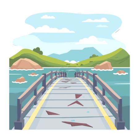 Illustration for Wooden pier calm lake under blue sky, leading towards mountains. Peaceful landscape, tranquil nature scenery illustrated. Cartoon style wooden pier, serene water body, mountainous backdrop, clear - Royalty Free Image