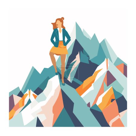 Woman sitting atop mountain peaks, confident businesswoman enjoying success, scenic mountain range backdrop. Ambitious businesswoman achieved summit goal, colorful stylized mountains, success