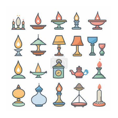 Collection light sources flat design, various lamps candles. Pastel colors dominate, ranging candlesticks classic table lamps. Icon set includes oil lamps, candelabras, lanterns, distinguished its