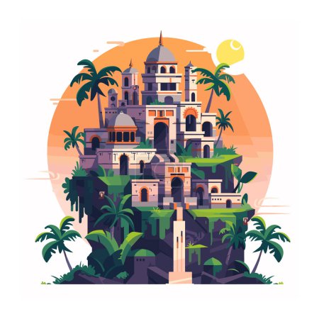 Stylized vector illustration castlelike building amidst tropical setting, featuring palm trees lush foliage. Sunset silhouette backdrop behind elaborate structure cliff. Illustration depicts fantasy