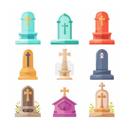 Illustration for Colorful collection tombstone designs styles, featuring crosses. Cemetery headstones, flat graphic tomb illustrations isolated white. Cartoon grave markers, religious symbols, death concept - Royalty Free Image