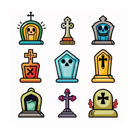 Set colorful tombstone icons featuring various designs including crosses, skulls, motifs. Brightly colored grave markers cartoon style, suitable Halloween decoration game asset. Nine different