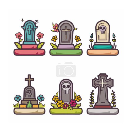 Illustration for Set six colorful gravestones surrounded flowers leaves. Cartoony cemetery tombstones different design elements, crosses skull. Brightly illustrated grave markers suitable game asset decoration - Royalty Free Image