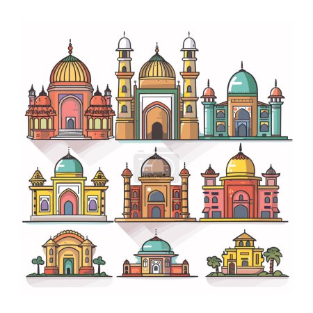 Colorful vector illustration various mosque architectures vibrant, stylized manner, mosque features domes, minarets, arches, adorned different hues. Range Islamic religious buildings commonly used