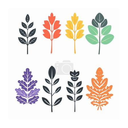 Six different stylized leaves arranged two rows three, featuring various shapes colors. Botanical illustration reflects various leaf designs, ideal educational material naturethemed graphics