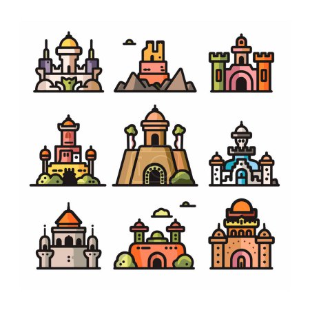 Setzen Sie bunte Burgpalast-Symbole, die verschiedene architektonische Stile repräsentieren, Ikone verfügt über einzigartige Designelemente, Türme, lebendige Farben. Sammlung perfekter Reisen, Geschichte, Fantasiethemen