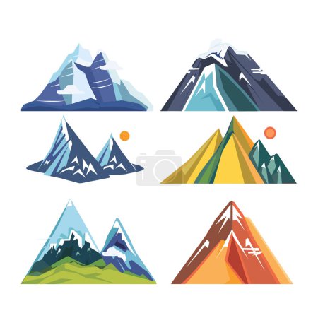 Establezca seis coloridas ilustraciones vectoriales de montaña que representan diversas estaciones del año por día, el gráfico muestra las montañas tapas de nieve artísticas paletas de colores distintivas que sugieren diferentes climas. Estilizado