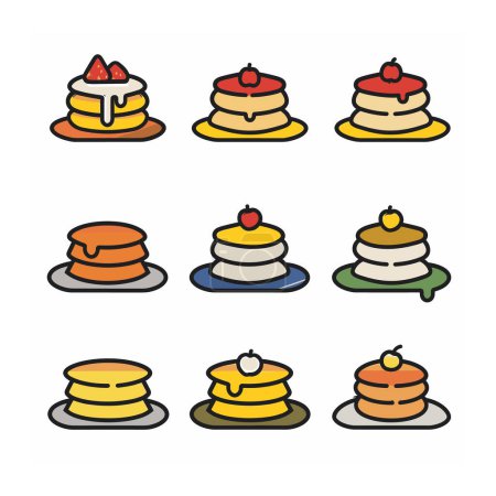 Pila panqueques diferentes coberturas frutas ilustradas. Colores vibrante, diseño simple, tema de la comida. Vector gráfico, aislado, menú de desayuno adecuado