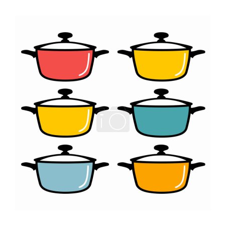 Sechs bunte Kochtöpfe angeordnet zwei Reihen drei, Deckelgriffe. Geschirr Grafik, bunte Töpfe isoliert weißen Hintergrund, einfaches Kochgeschirr Design. Rot, gelb, blau, orange geeignet