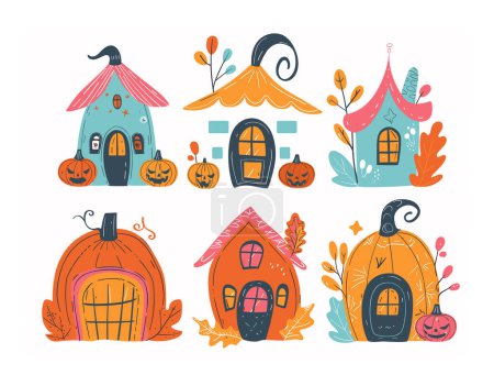 Handdrawn Halloween casas temáticas elementos de calabaza hojas de otoño. Caprichosas viviendas de fantasía caen celebrando la temporada espeluznante. Coloridas ilustraciones juguetonas casas de calabaza entre el follaje de otoño