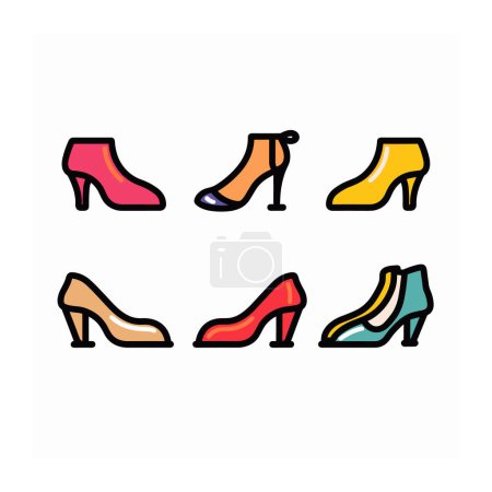 Stylish collection womens shoes, vibrant colors, fashion accessories, six different designs. Trendy footwear illustrations, colorful high heels, ankle boots, Isolated white background. Womens shoe
