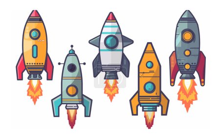 Five cartoon rockets colorful designs flames launching base. Retro rocket illustration distinct primary colors flame patterns. Isolated white background featuring variety spacecraft flight mode