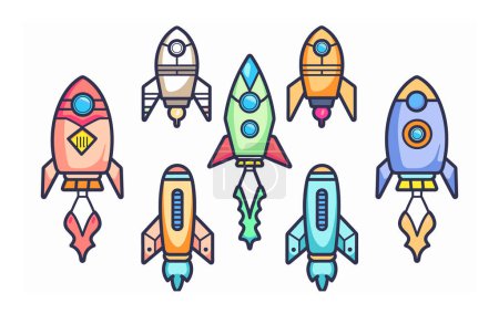 Colorful cartoon rockets vector illustration isolated white background. Assorted spaceships line art icon set kids science fiction themes. Collection various designs spacecraft drawings adventure