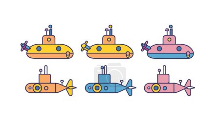 Colorful submarines illustration representing various designs colors. Cartoon style submarines arranged horizontally, featuring different details periscopes propellers. Submarine collection draws
