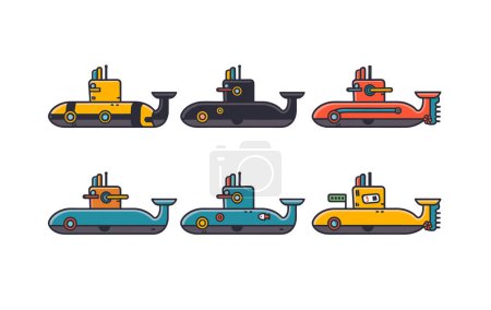 Colorful submarines cartoon vector illustration white background. Five different submarines, unique colors designs. Submarines feature periscopes, propellers, portholes
