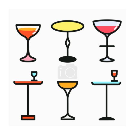 Collection cocktail glasses tables, modern simplistic style. Various types glasses tables, colorful design, isolated white. Dining, drinking, restaurant, cocktail party graphical elements