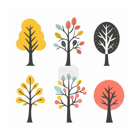 Six arbres stylisés représentant différentes saisons, style art minimaliste coloré. Arbres diverses couleurs de motifs de feuilles, y compris un sans feuilles. Fond blanc, décor idéal éducatif