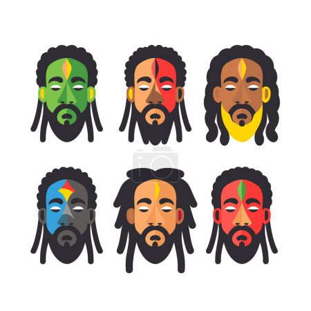 Six illustrated faces dreadlocks painted faces represent diverse emotions cultural expressions, face features unique color combinations motifs, likely symbolizing various meanings affiliations
