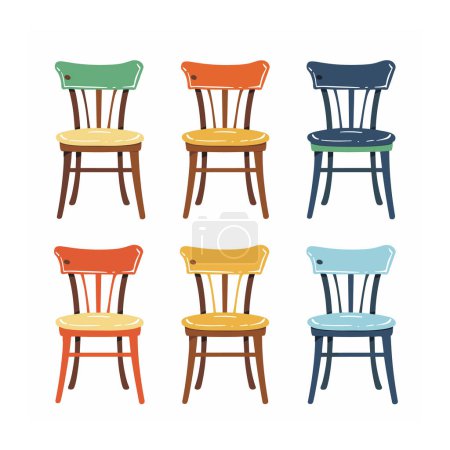 Collection colorful chairs, variety six wooden chairs different colored seats backrests. Simple flat style furniture design, colorful seating options interior decorating