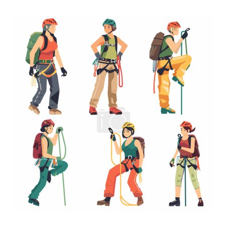 Six climbers wearing helmets, harnesses, backpacks featured. Climber standing confidently, another using walkietalkie, one climbing rope. Climbers carabiners, dressed colorful outdoor gear, appear