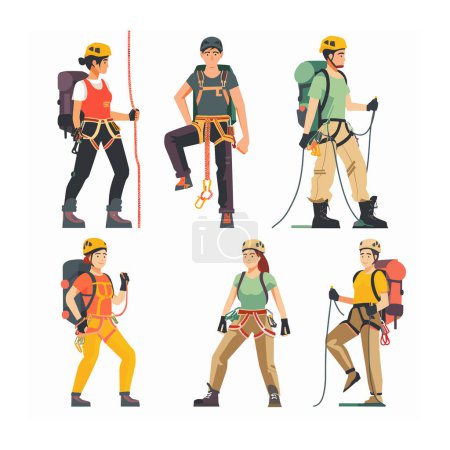 Six climbers equipped mountaineering hiking activities. Various climbing gear includes helmets, harnesses, ropes, carabiners, backpacks. Ethnically diverse men women outdoor adventure attire