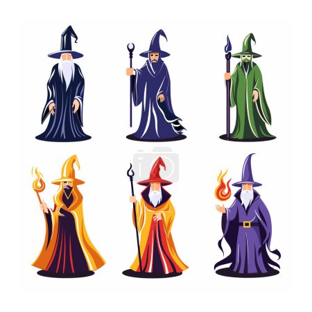Set six colorful wizards wearing pointy hats holding magical staffs wands, standing different postures, wizard features unique color scheme design, implying various magical specialties. Elements