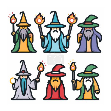 Six wizards various robes hats holding flaming staves magical powers cartoon style colorful. Fantasy sorcerers beards illustrating different magic abilities costumes vibrant colors. Stylized cartoon