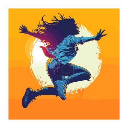 Die junge Afroamerikanerin hüpft fröhlich vor orangefarbenem Hintergrund, trägt lässige Kleidung, Jeans, blaue Hemdschuhe, das Haar fließt dynamisch. Energetischer freier Tanzsprung eingefangen