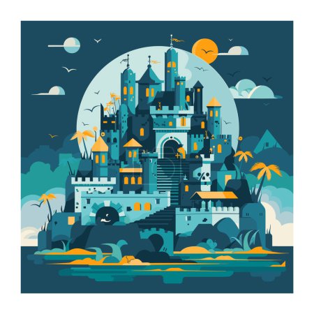 Ilustración del castillo de fantasía con gran noche de fortaleza bajo luna llena. Majestuoso castillo vibrantes tonos anaranjados azules rodeado de mar, aves, palmeras. Paisaje caprichoso arte fortificado