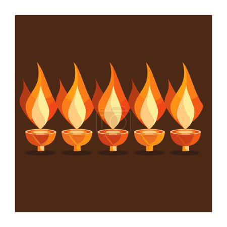 Reihenweise orange-gelbe brennende Kerzen vor dunklem Hintergrund, festliche Atmosphäre. Simplistischer Stil helle Flamme Design Feier religiöses Ereignis, warme Farben. Festliche Dekoration mit Kerzen