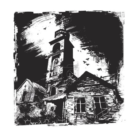Schwarz-weiße Illustration heruntergekommenes Haus überschattet hoch aufragende Kirchenstruktur, die Verfall Verlassenheit bedeutet. Eindringliche Szene vernachlässigte Heimatkirche überwucherte Vegetation, kaputte Fenster, düstere