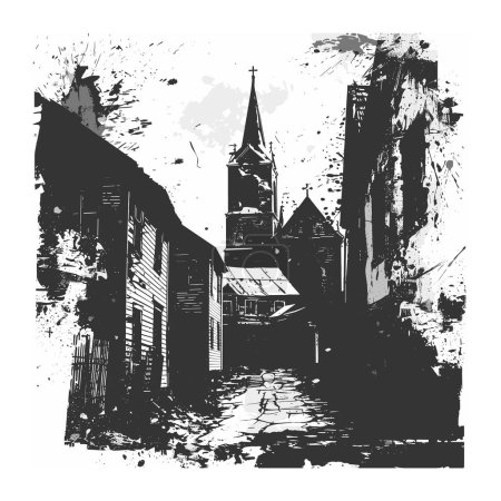 Grunge-Stil Schwarz-Weiß-Illustration alten europäischen Gasse, die in Richtung Kirche. Mittelalterliche Gebäude reihen sich unter wolkenverhangenem Himmel am Kopfsteinpflaster des gotischen Kirchturms. Monochromatische Straßenansicht