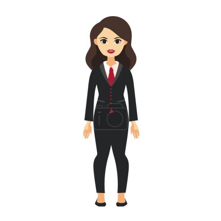 Professional businesswoman standing confidently, wearing black suit, white blouse, red tie. Female cartoon character, young adult caucasian, professional attire, business executive illustration