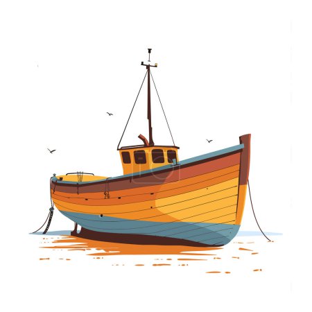 Barco de pesca colorido atracado, colores brillantes, buque marítimo, tema náutico. Paisajes costeros, industria pesquera, concepto marino, sin gente. Aves volando, embarcaciones de mar amarradas