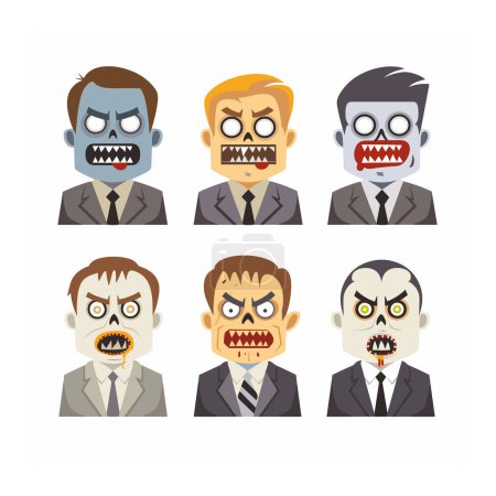 Sechs wütende Geschäftsleute verwandelten sich in Zombies, monströse Charaktere. Büro-Horror-Thema, Zombie-Apokalypse-Geschäft, beängstigende männliche Profis Cartoon. Animierte Zombie-Geschäftsleute, Halloween