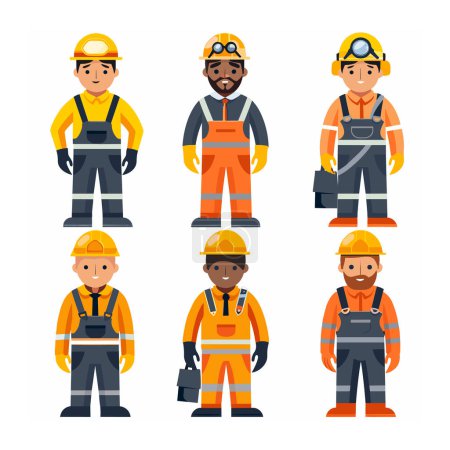 Six diverse construction workers illustrated standing uniform safety gear hard hats. Multiethnic male characters work attire reflective vests helmets toolbox. Professional group construction