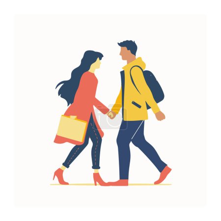 Young couple walking hand hand, man wearing yellow jacket backpack, woman red dress heels holding yellow bag. Casual stroll contemporary casual fashion, cheerful relaxed urban street setting