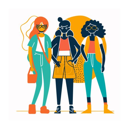 Drei junge Frauen, die zusammenstehen, einzigartiger Stil, lebendige Mode-Illustration. Vielfältige weibliche Freizeitkleidung, Vertrauensfreundschaft repräsentiert, moderner Jugendstil. Stilvolles Gruppenposen