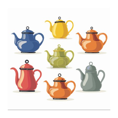 Assorted colorful teapots arranged rows columns, featuring different designs colors such blue, yellow, green, red, orange. Vector illustration various styles teapots, classical modern shapes