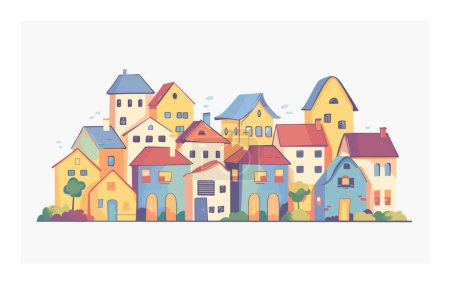 Bunte europäische Dorfhäuser, malerische Altstadtstraße, Architektur. Heitere pastellfarbene Gebäude, skurrile dörfliche Szenerien. Stadtlandschaft im Cartoon-Stil, charmante Stadthäuser