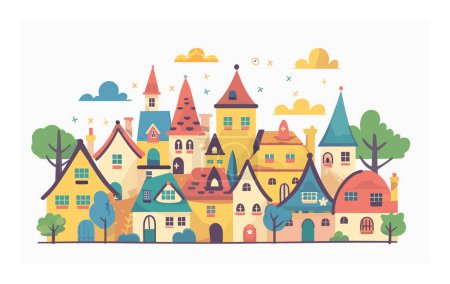 Colorful European medieval fantasy village cartoon. Quaint town houses, whimsical architecture, trees, sunny sky. Ideal childrens storybook, game design, fairytale backgrounds
