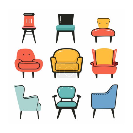 Collection colorful modern chairs armchairs. Different styles seating furniture illustrations. Set various trendy seats suitable interior design